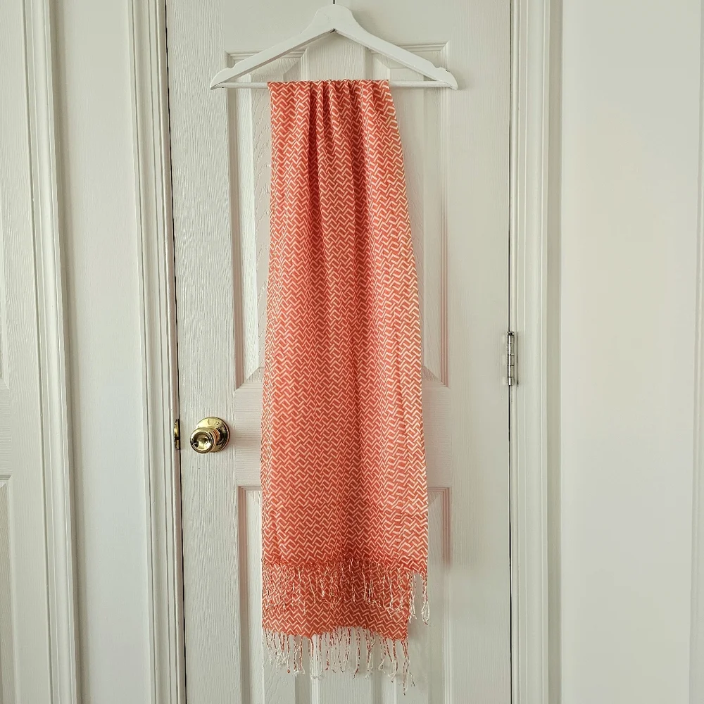 Boho Geometric Scarf Bright Modern Orange White Lightweight Fringe Summer Wrap